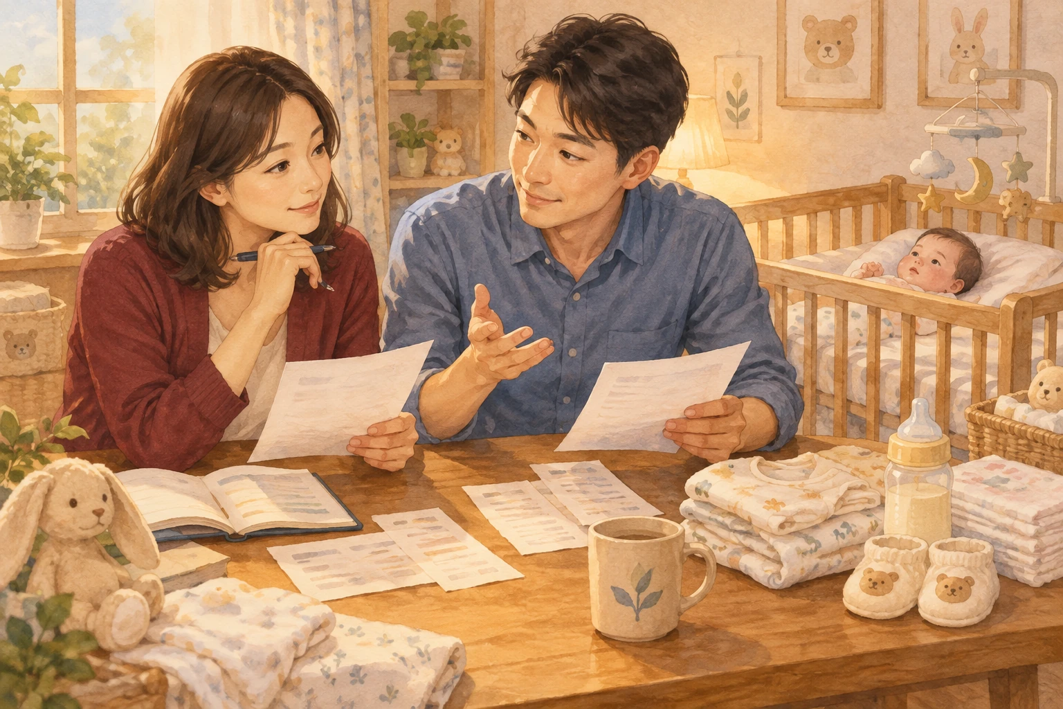 아기가 잠든 방 가까이에서 생활 지출을 보는 유나와 도윤