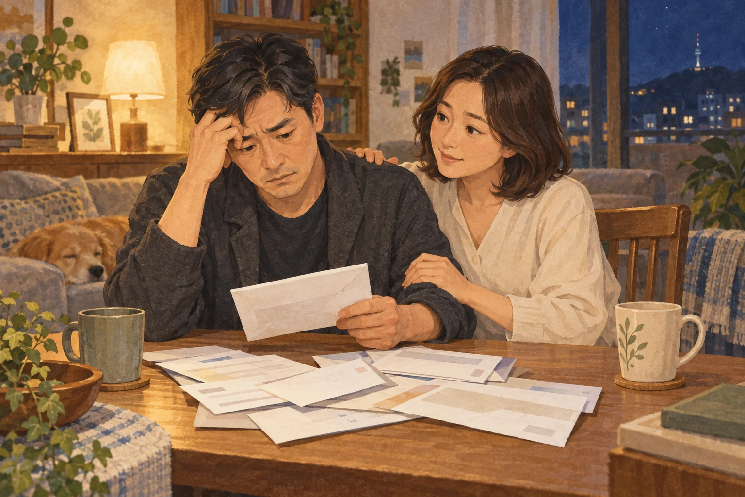 밤 식탁의 안내문 앞에 앉은 진우와 은하