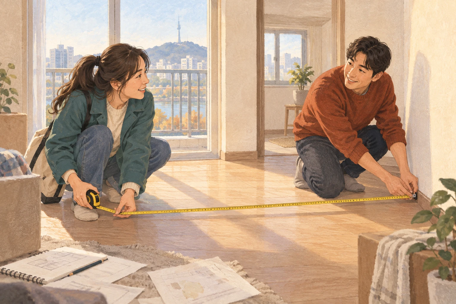 빈집의 창가와 식탁 자리를 살펴보는 소라와 태훈