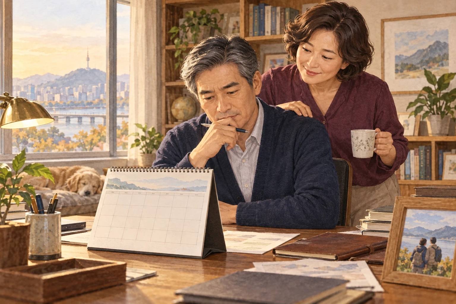 달력을 보며 퇴직을 떠올리는 재훈과 곁에 있는 선영