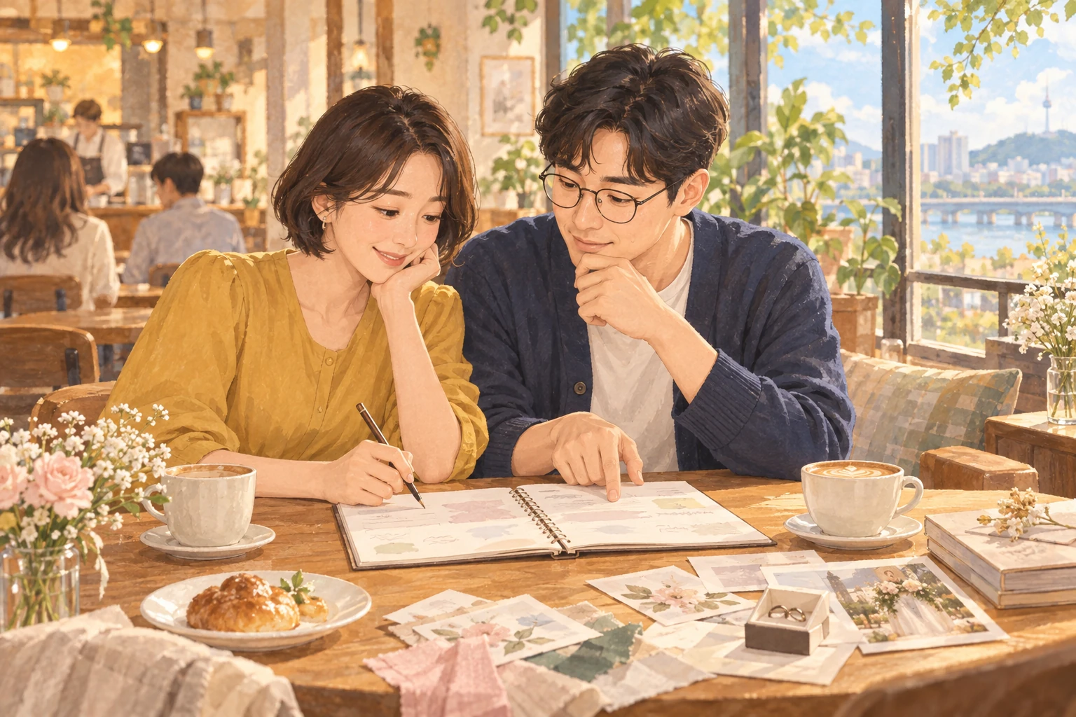카페에서 예식 사진과 공책을 함께 보는 지은과 민석